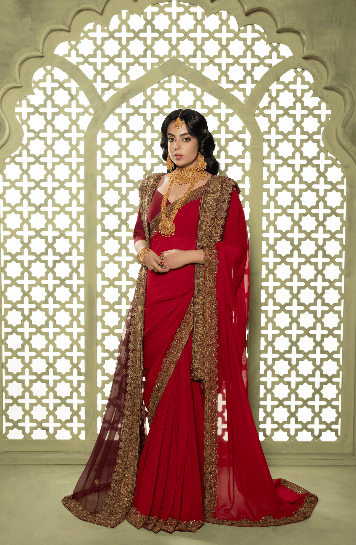 Chiffon Saree with Burgandy Blouse and Dupatta