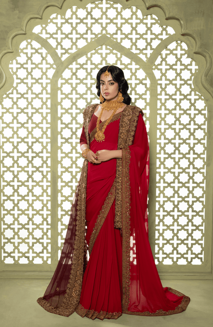 Chiffon Saree with Burgandy Blouse and Dupatta