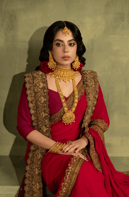 Chiffon Saree with Burgandy Blouse and Dupatta
