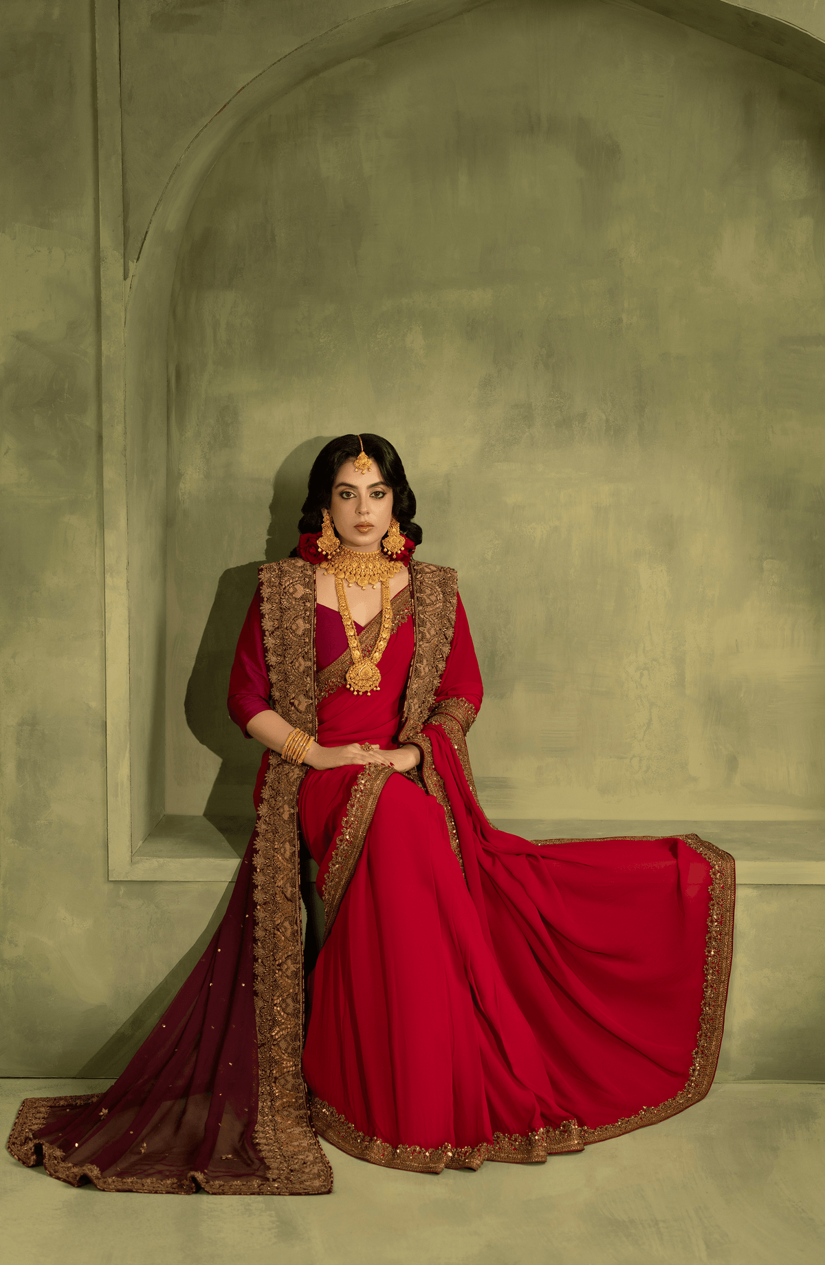 Chiffon Saree with Burgandy Blouse and Dupatta