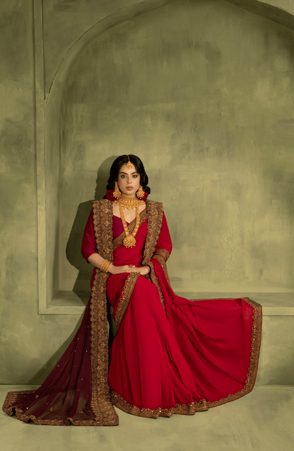 Chiffon Saree with Burgandy Blouse and Dupatta