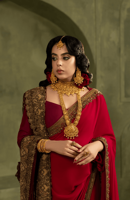 Chiffon Saree with Burgandy Blouse and Dupatta