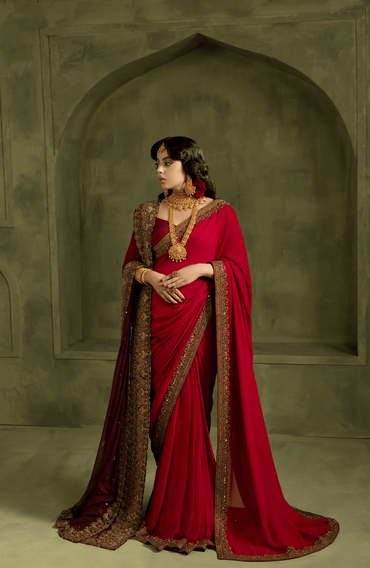 Chiffon Saree with Burgandy Blouse and Dupatta