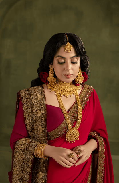 Chiffon Saree with Burgandy Blouse and Dupatta