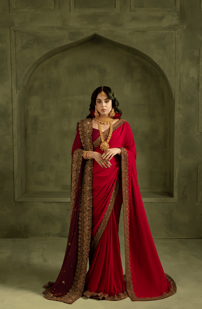 Chiffon Saree with Burgandy Blouse and Dupatta