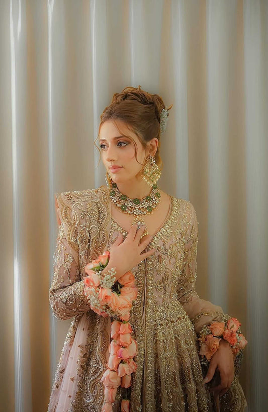 Rose Pink Floor-length Gown with Ombré Lehenga