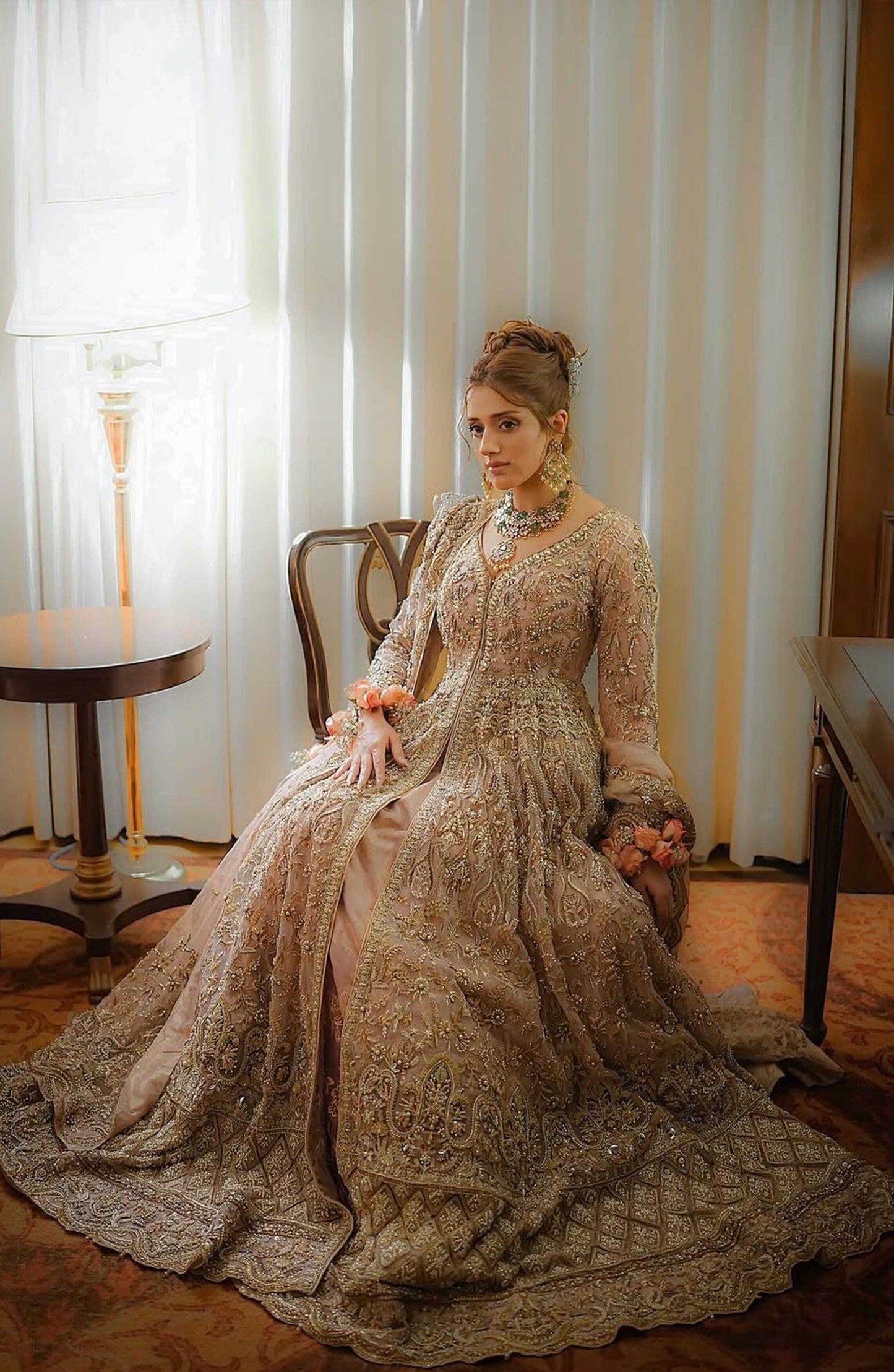 Rose Pink Floor-length Gown with Ombré Lehenga