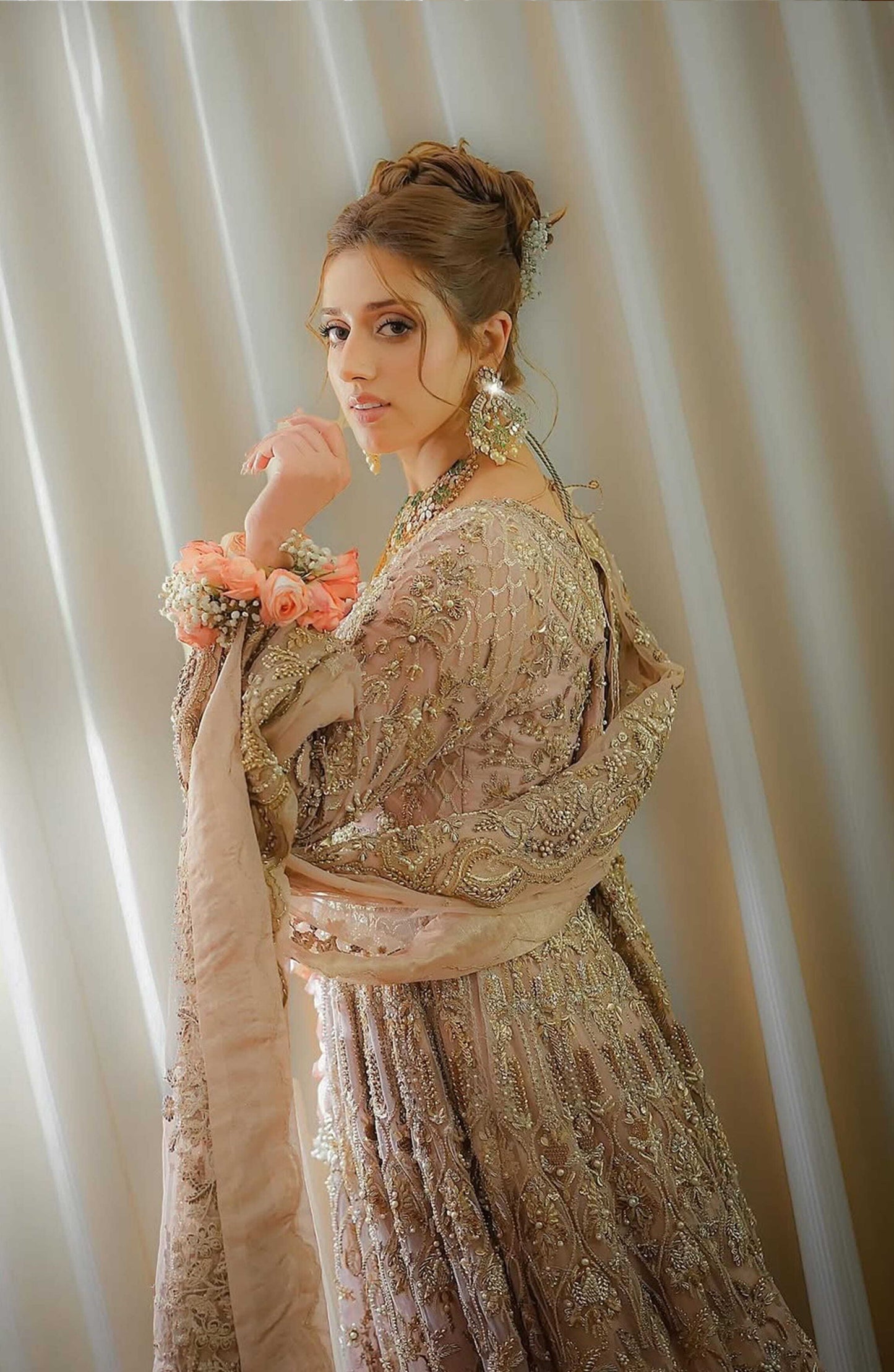 Rose Pink Floor-length Gown with Ombré Lehenga