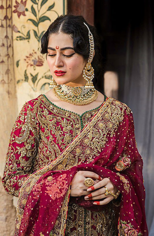 Bridal Traditionally Embroidered Shirt with a Trailing Gharara and Dupatta