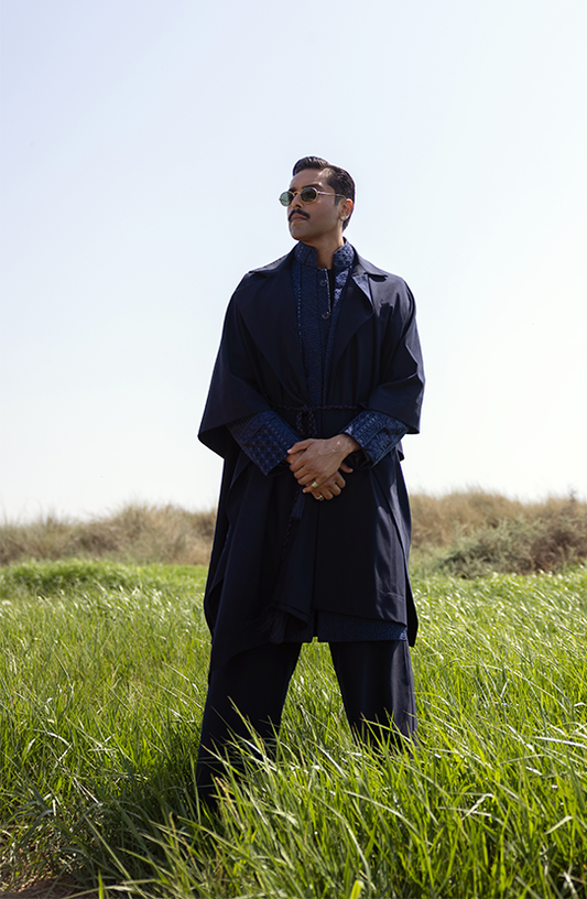 1920s Inspired Navy Blue Sherwani Paired with Loose Fit Pants