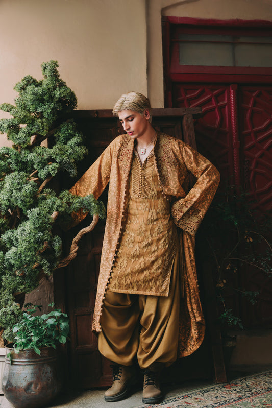 Person wearing a traditional outfit standing next to a decorative plant indoors.