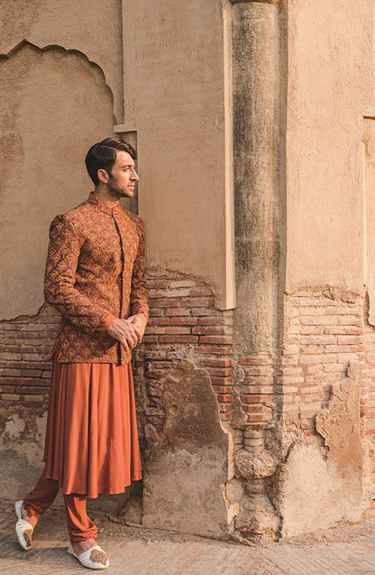 Handcrafted Rust Prince Coat with Rajasthani Kurta and Pajama