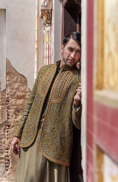 Handcrafted Green Prince Coat with Rajasthani Kurta & Pajama