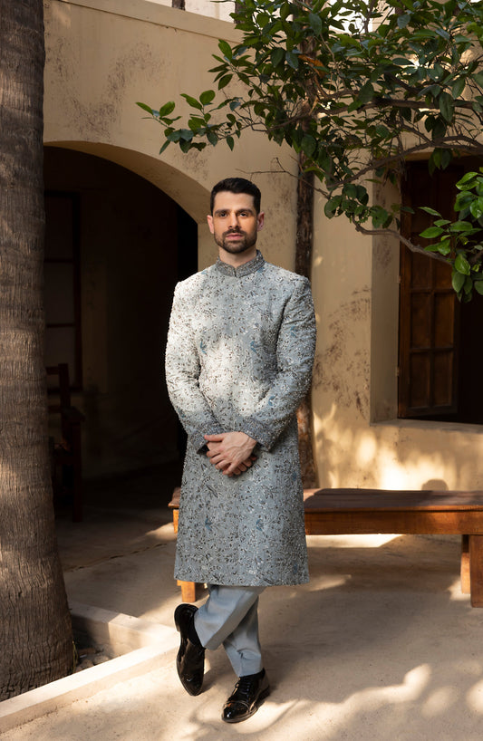 Nawab-e-Zar – Frosted Grey Sherwani