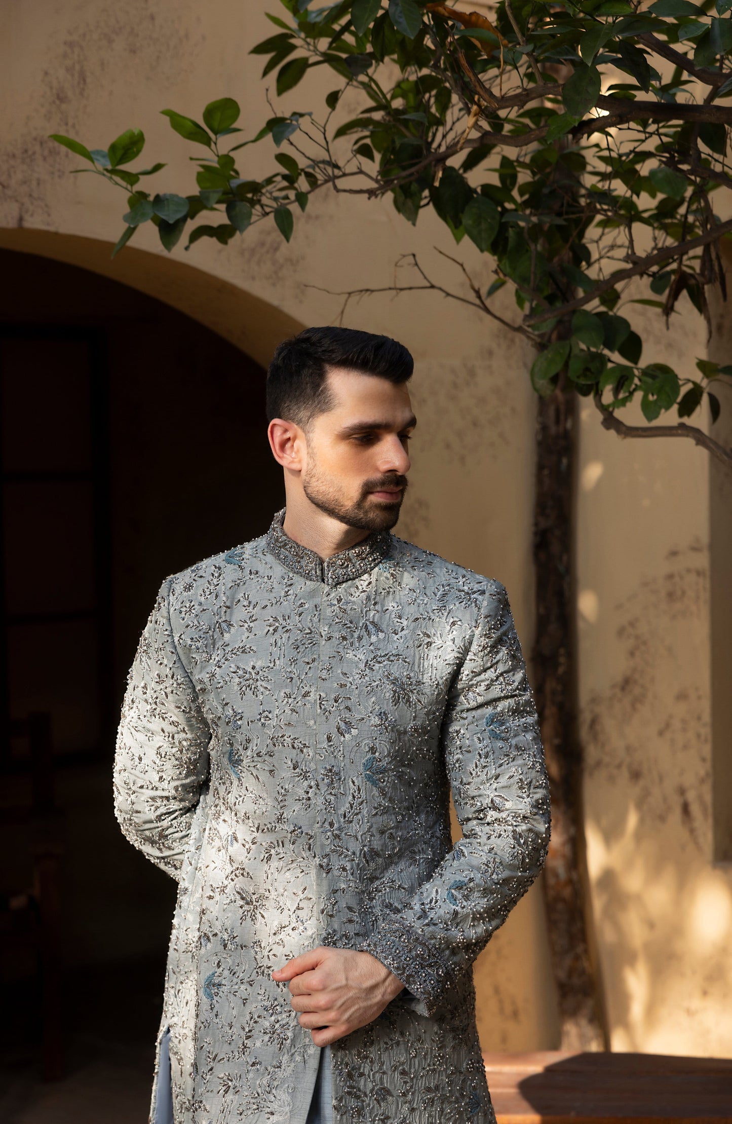 Nawab-e-Zar – Frosted Grey Sherwani