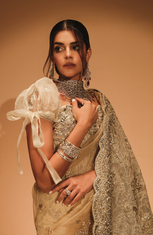 Aarzu - Golden Saree Paired with a Textured Skirt and a Corset