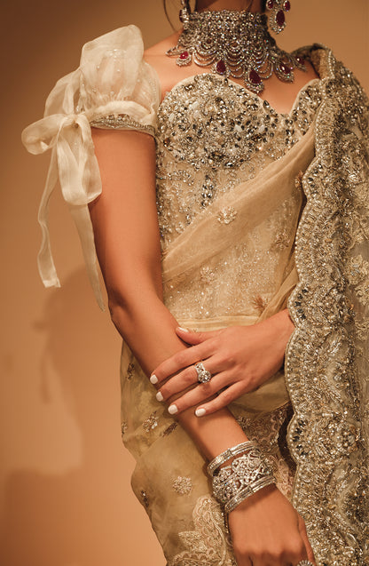 Aarzu - Golden Saree Paired with a Textured Skirt and a Corset