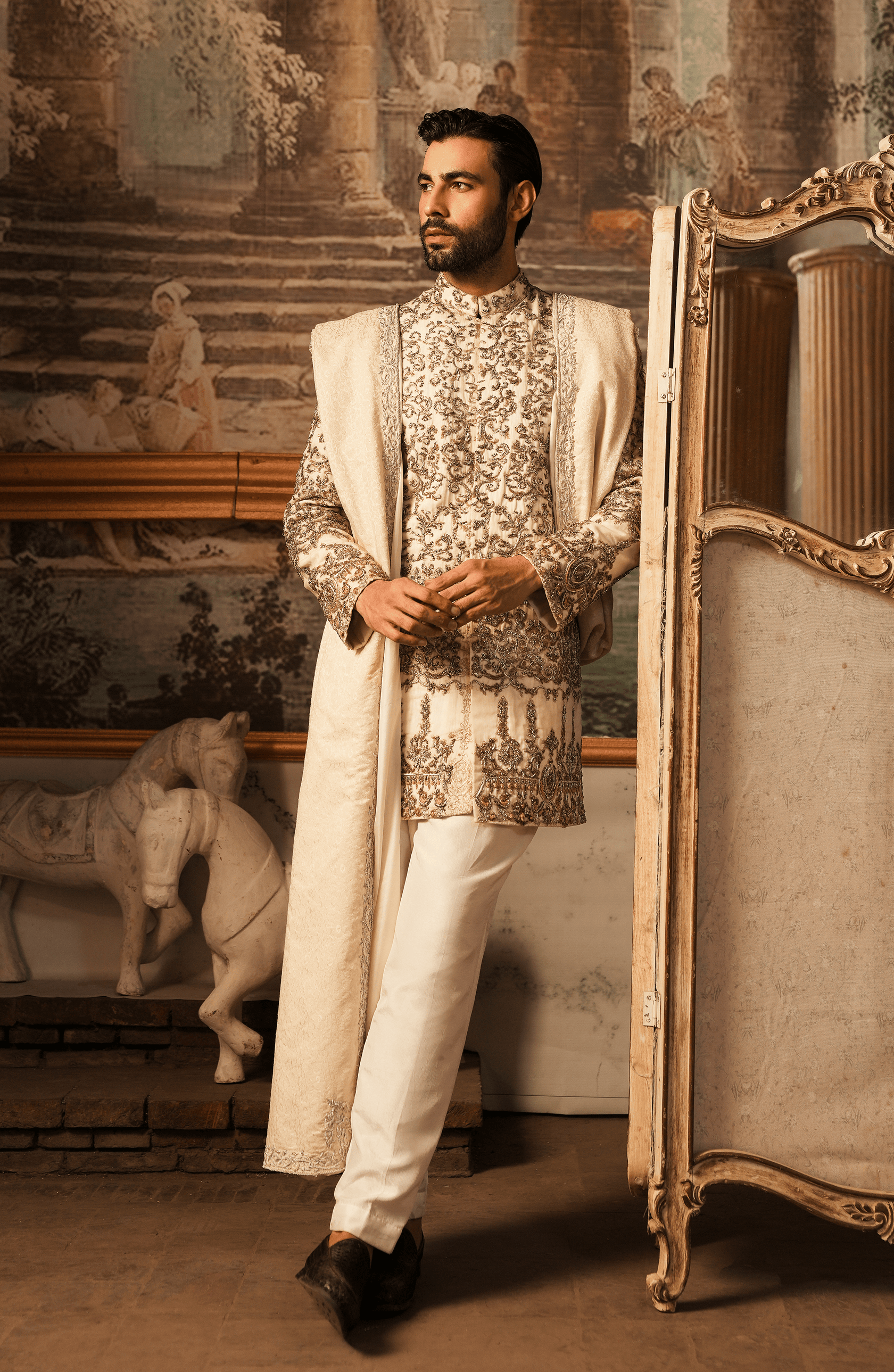 Shahnawaz - Ivory White Silk Sherwani with Handwork - photo 1