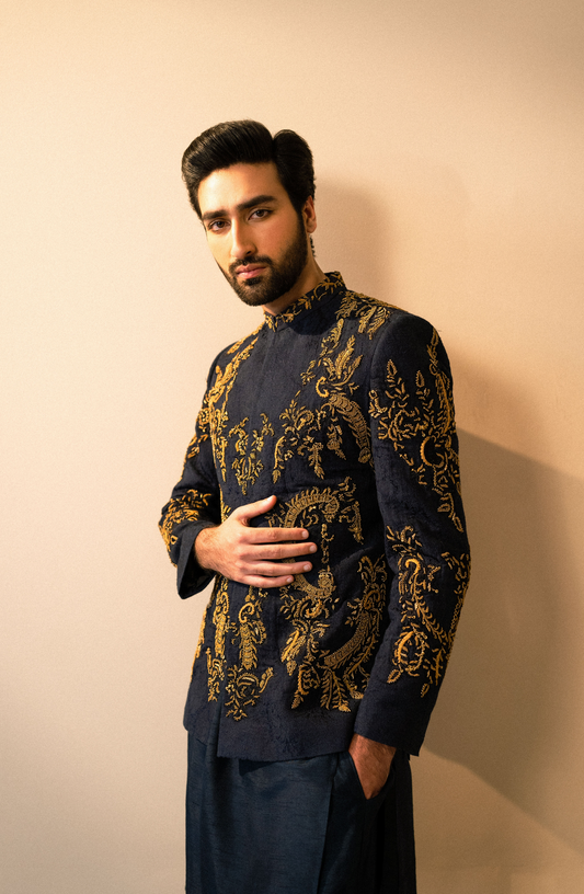 Dastoor - Midnight Blue Prince Coat Paired with a Silk Kurta & Pants