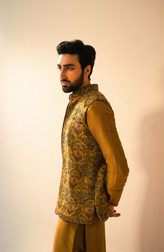 Rangsaaz - Embroidered Waistcoat in Mustard Paired with Kurta and Pants