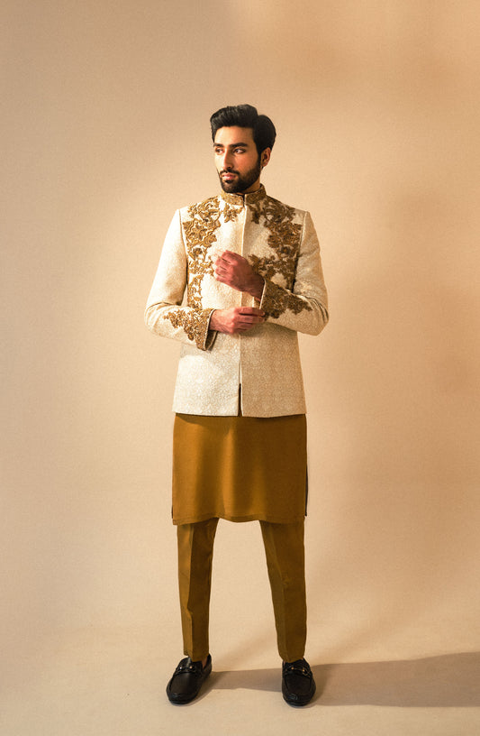 Rustam – Off-White Prince Coat Paired with a Mustard Kurta and Pants