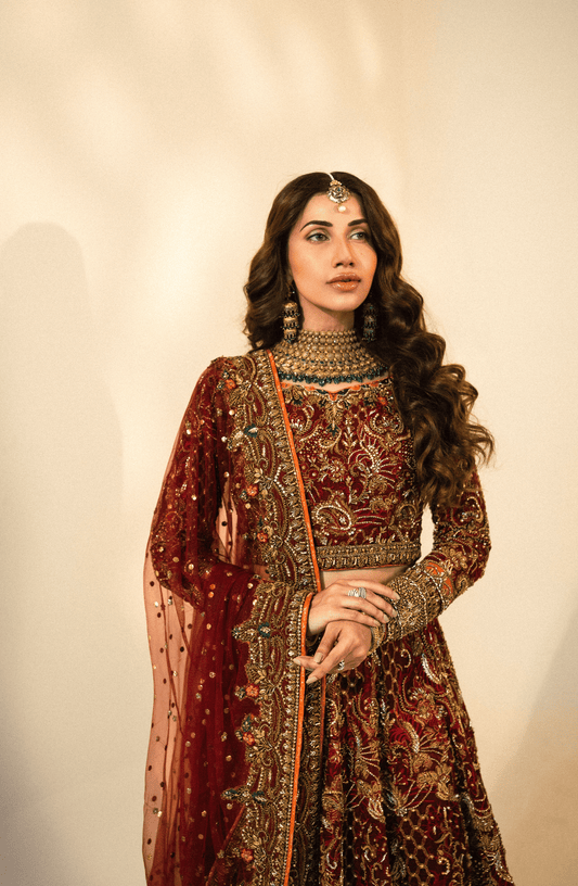 Nazakat - Bridal Embroidered Maroon Lehnga Choli with a Net Dupatta