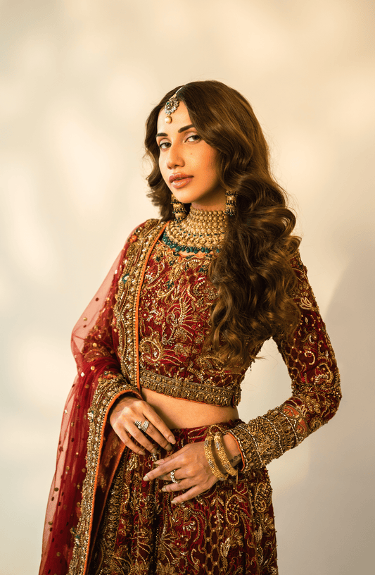 Nazakat - Bridal Embroidered Maroon Lehnga Choli with a Net Dupatta