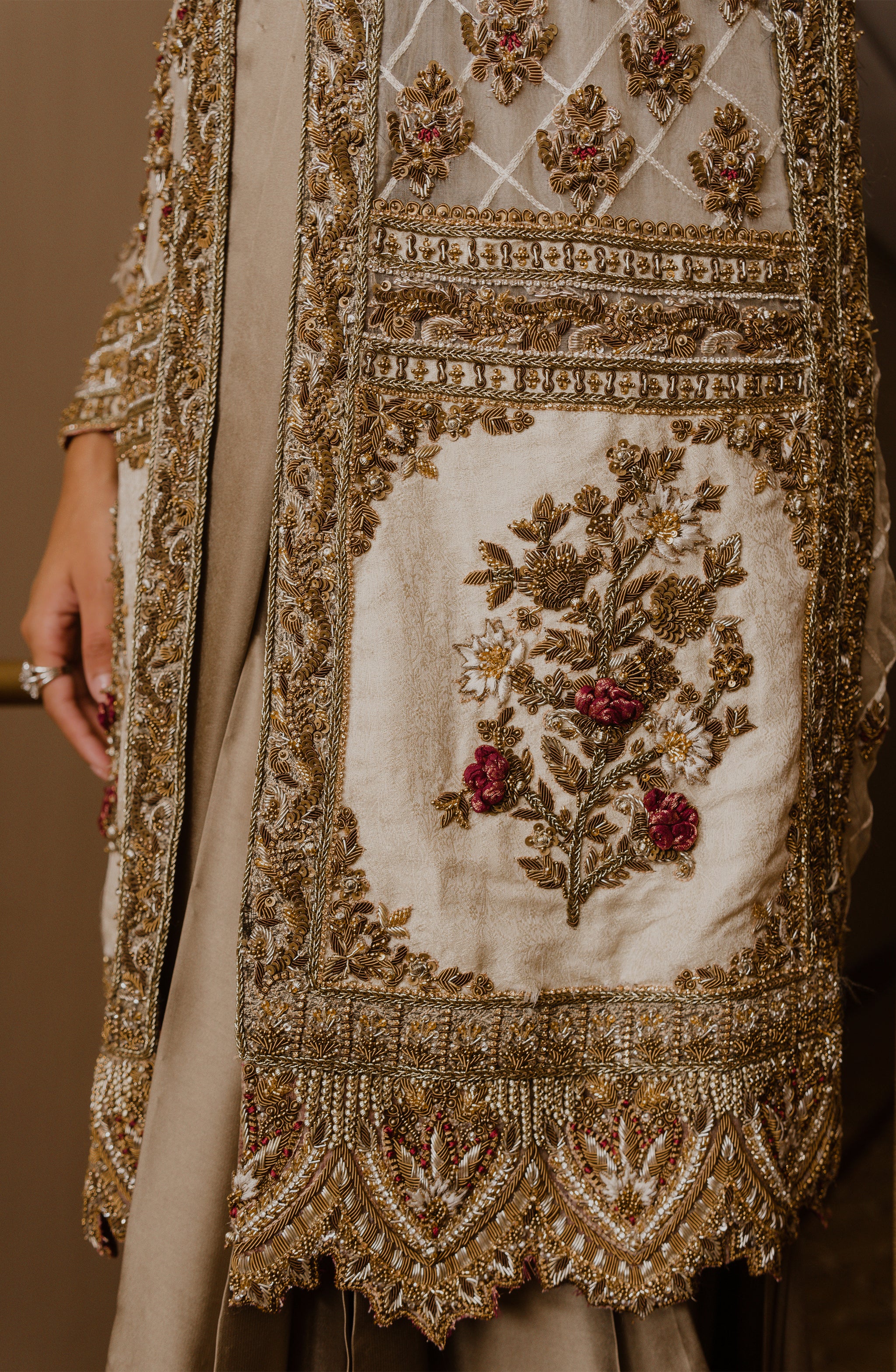 Vistavelle Collection Olive Green Simmer Silk Saree with Intricate Aari Work &  Stitched Blouse