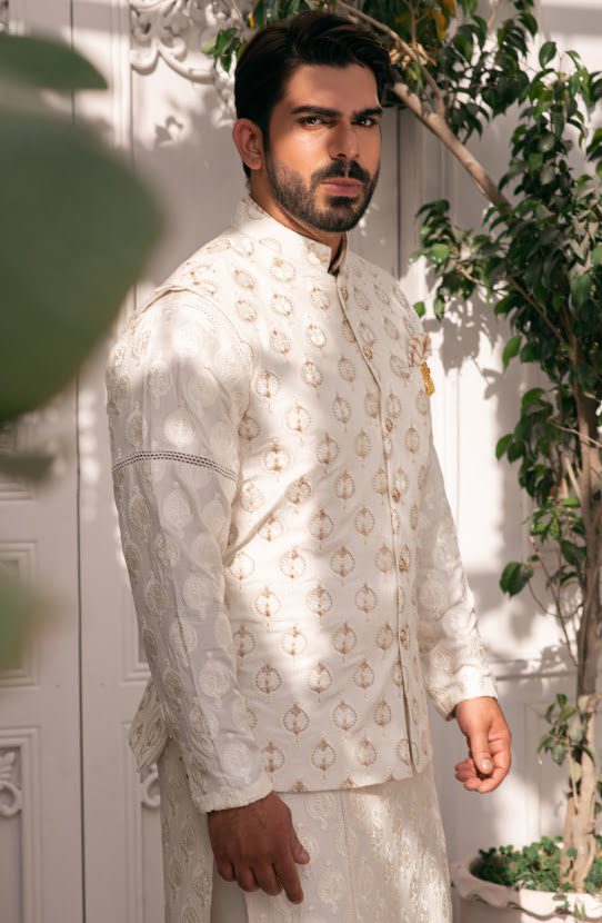 Dove White - Embroidered Waist Coat Paired with Kurta and Shalwar