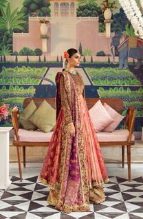 HSY| Gulabo - Watermelon-Pink Peshwas Silk Azar Pant Purple Dupatta