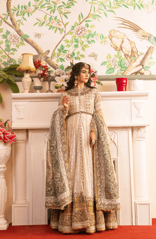 Zeenat – Pearl White Pishwas Paired with Organza Dupatta & Chooridar