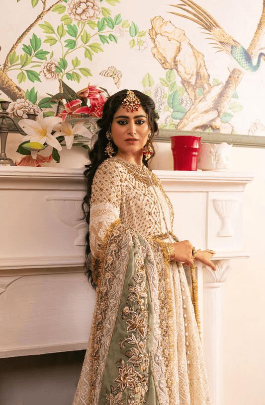 Zeenat – Pearl White Pishwas Paired with Organza Dupatta & Chooridar