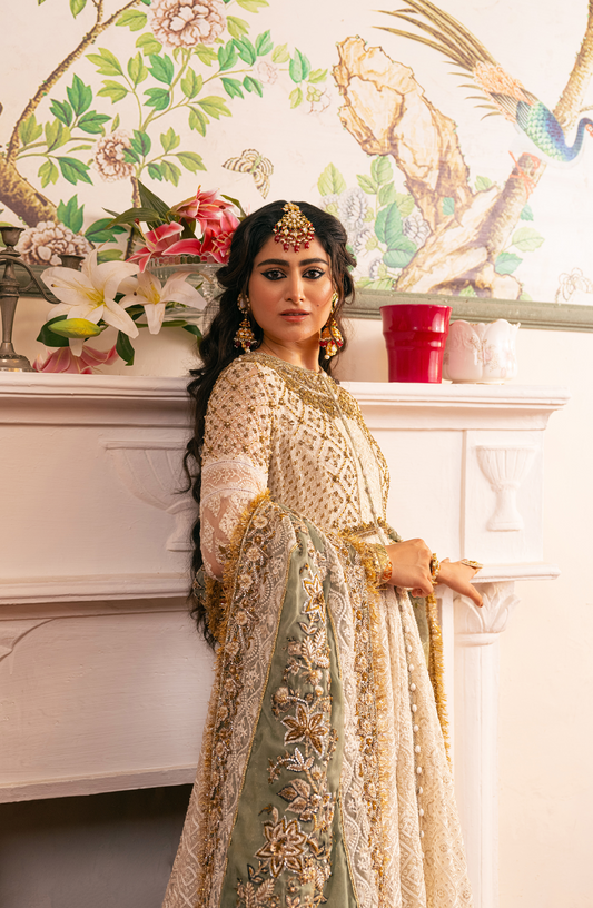  HSY Zeenat – Pearl White Pishwas Paired with Organza Dupatta & Chooridar