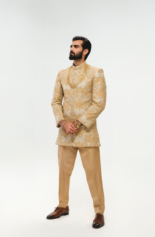 Light Beige Silk Prince Coat with Straight Trousers and Inner Kurta