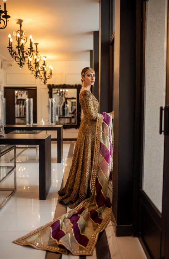 Bridal Embellished Floor Length Gown with Silk Lehenga and Dupatta