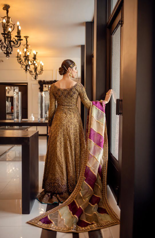 Bridal Embellished Floor Length Gown with Silk Lehenga and Dupatta