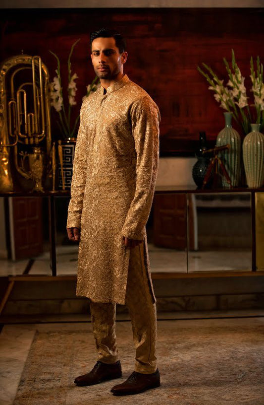 Hand-embroidered Organza Kurta Paired with Raw Silk Pants