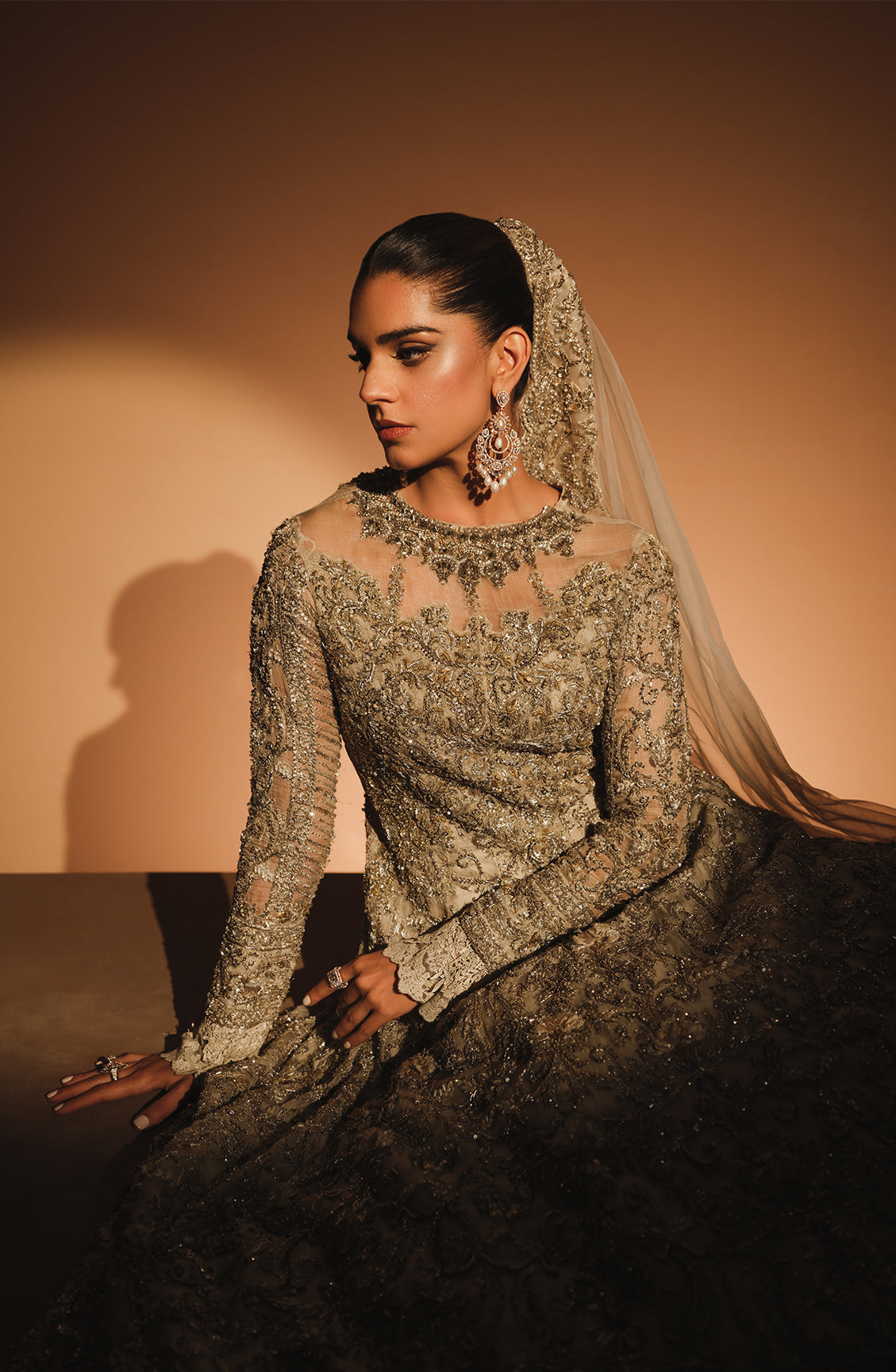 Khuwaab - Off-White Regal Bridal Gown with a Net Veil