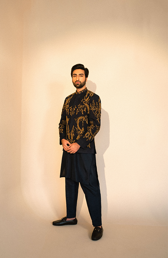 Dastoor - Midnight Blue Prince Coat Paired with a Silk Kurta & Pants