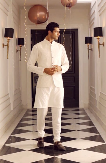 Embroidered Waistcoat in White Paired with a Kurta and Pajama