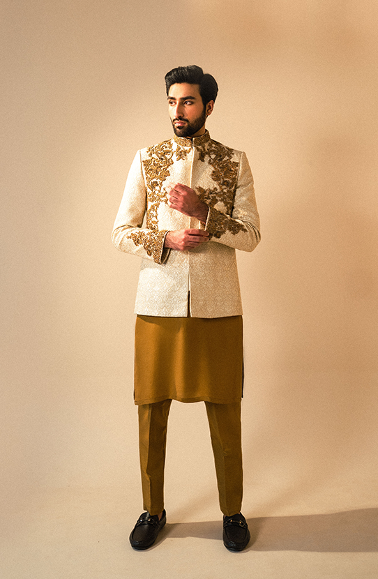 White Prince Coat Paired with a Mustard Kurta and Pants
