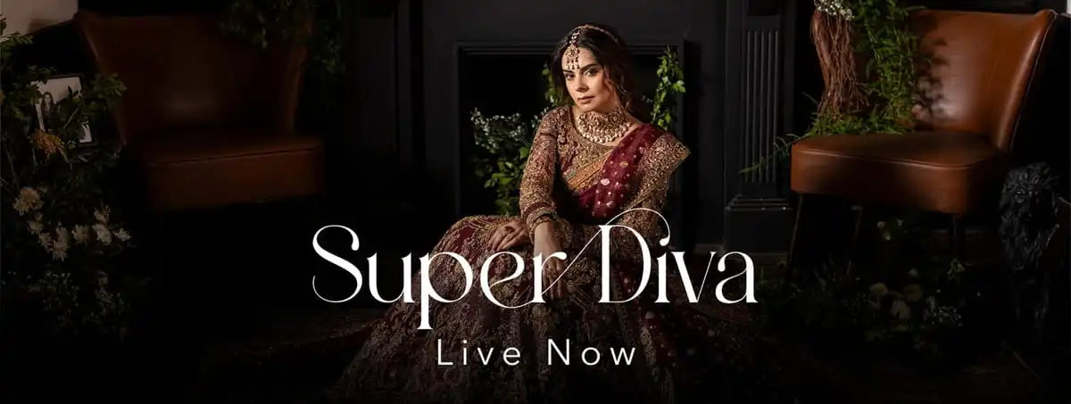 Woman in a red and gold traditional outfit sitting in a dimly lit room with 'Super Diva' text overlay.