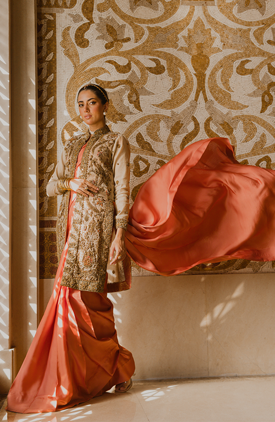 Coral Deluxe – Coral Pink Charmeuse Silk Saree Paired with embellished Organza Jacket