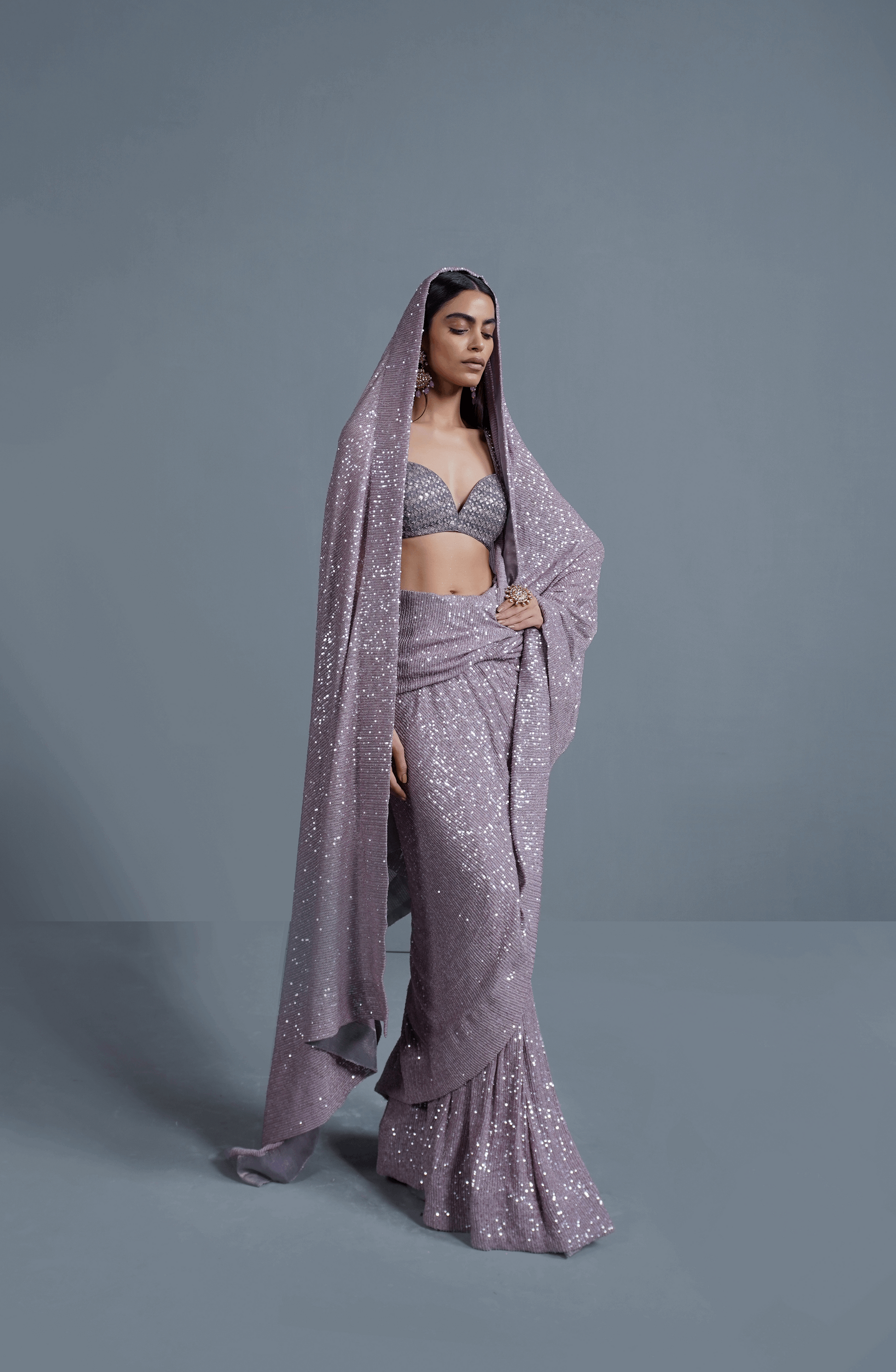 Amethyst Sparkle - Sequinned Net Saree Ensemble-Closeup sequin detailing on Amethyst Sparkle net saree set