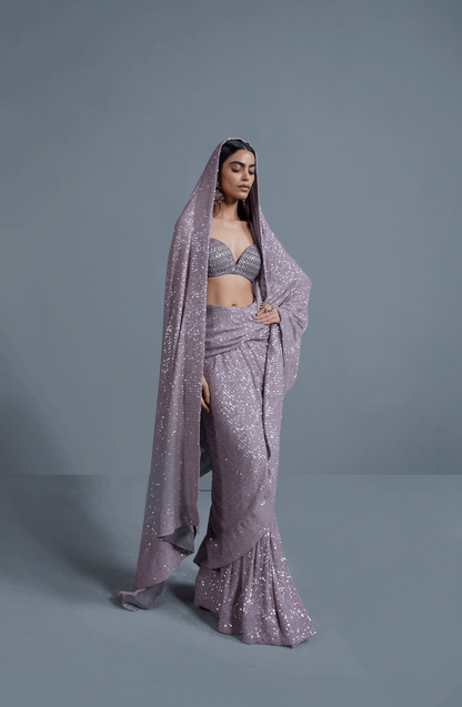 Amethyst Sparkle - Sequinned Net Saree Ensemble-Closeup sequin detailing on Amethyst Sparkle net saree set