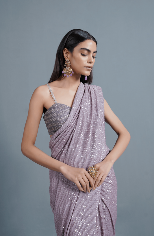 Amethyst Sparkle - Sequinned Net Saree Ensemble-Front view of Amethyst Sparkle sequinned net saree ensemble