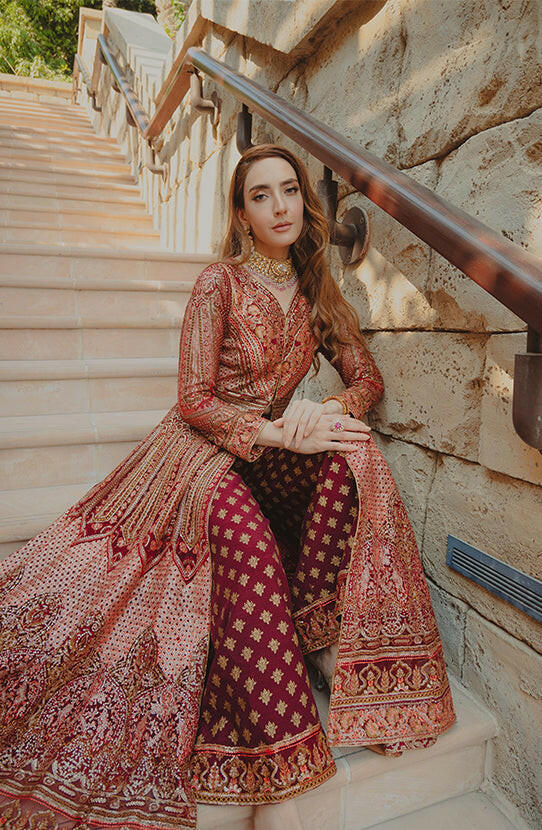 Deep red Pakistani dress USA -Elegant Anarkali deep red pishwas with intricate embroidery, front design.