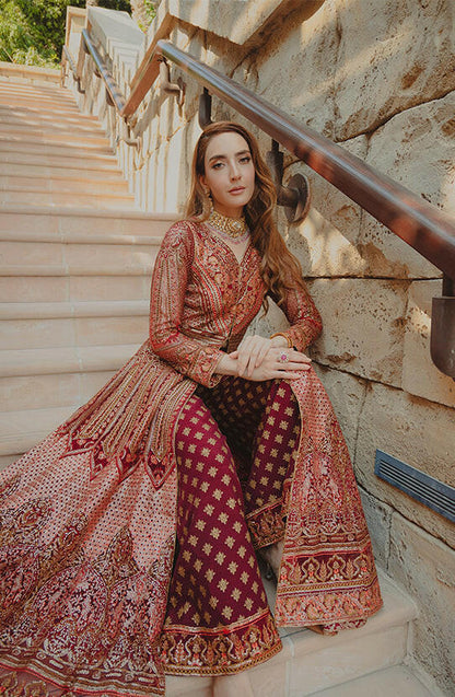 Deep red Pakistani dress USA -Elegant Anarkali deep red pishwas with intricate embroidery, front design.