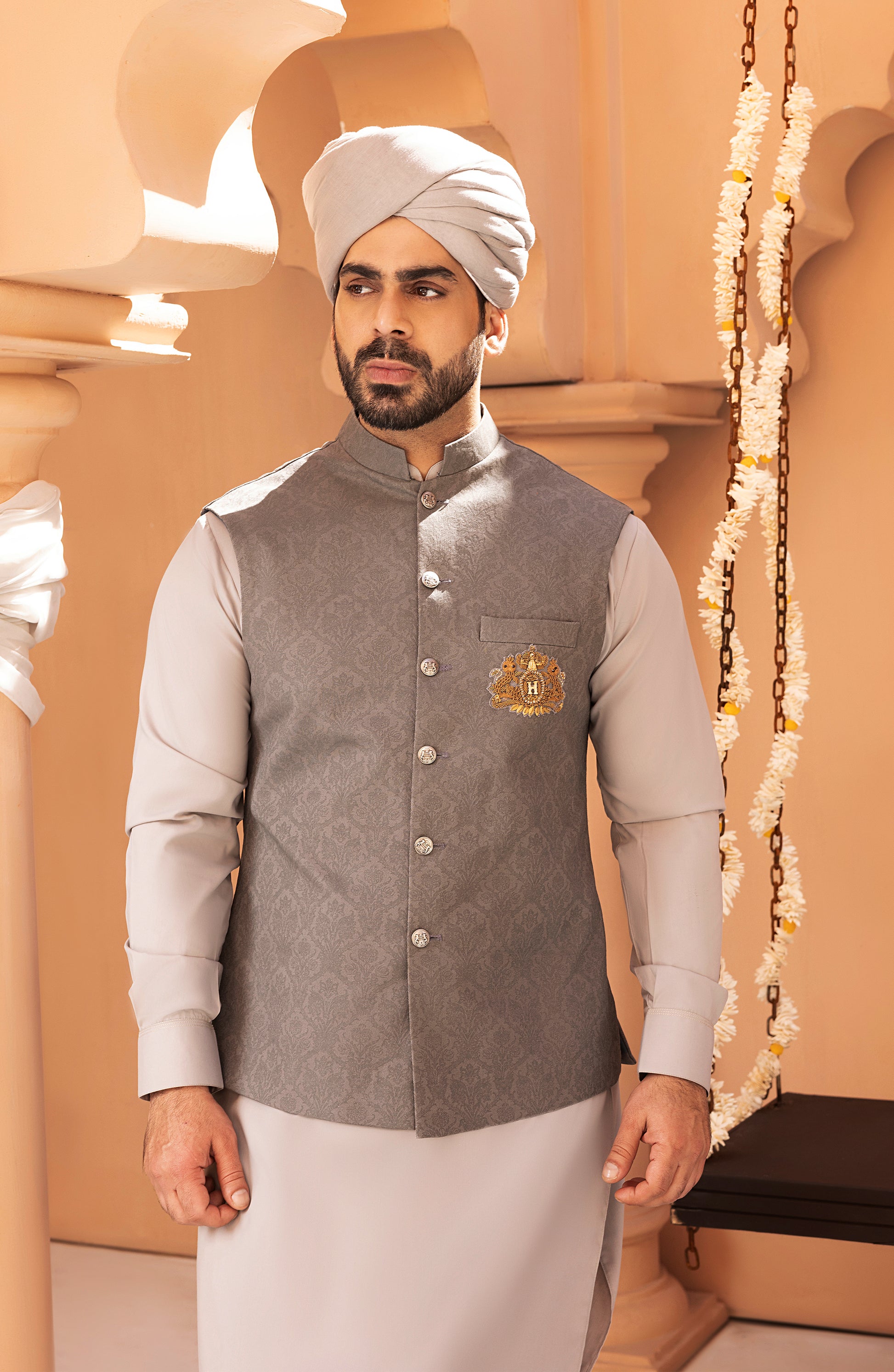 HSY Ash Grey Waistcoat Shalwar KameezCloseup of ash grey waistcoat shalwar kameez fabric detail