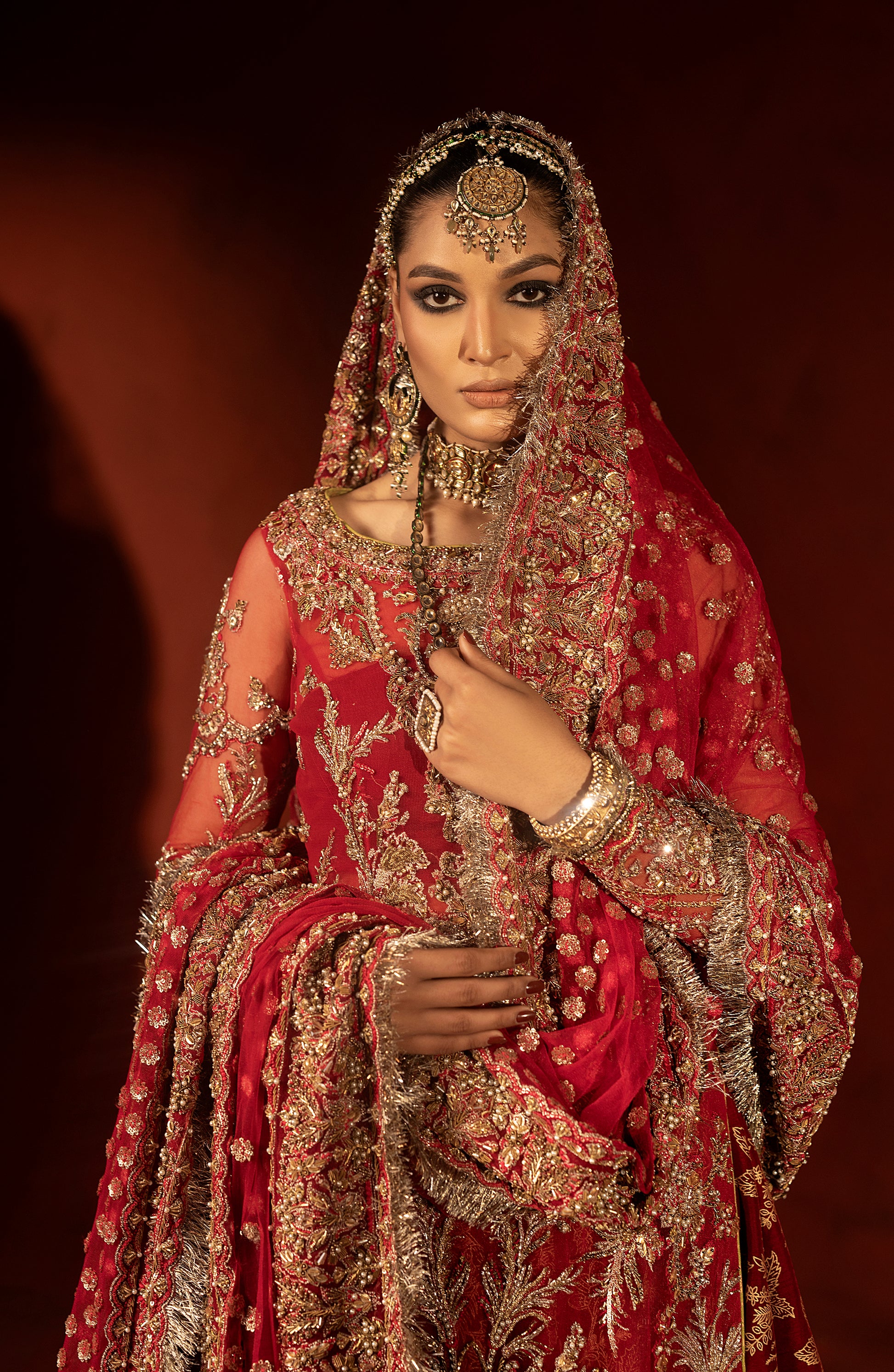 Raspberry red trail lehenga set with dupatta styling